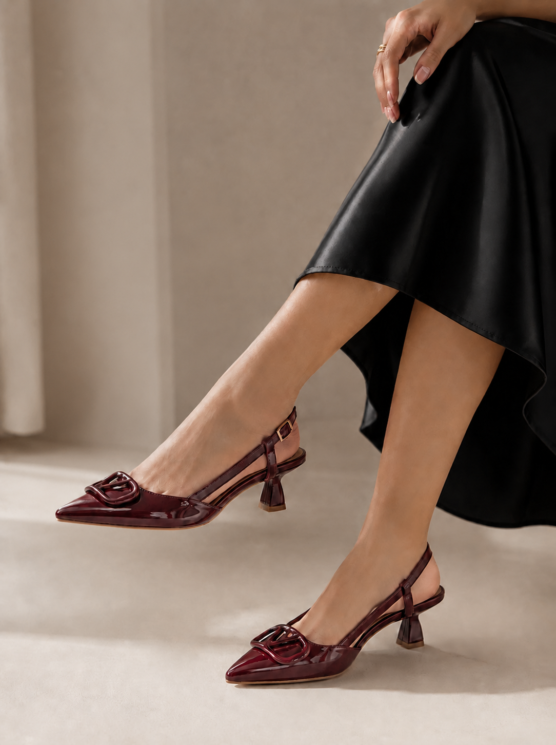 Shoes Mid Heels Leather With Buckle Elegant F-613