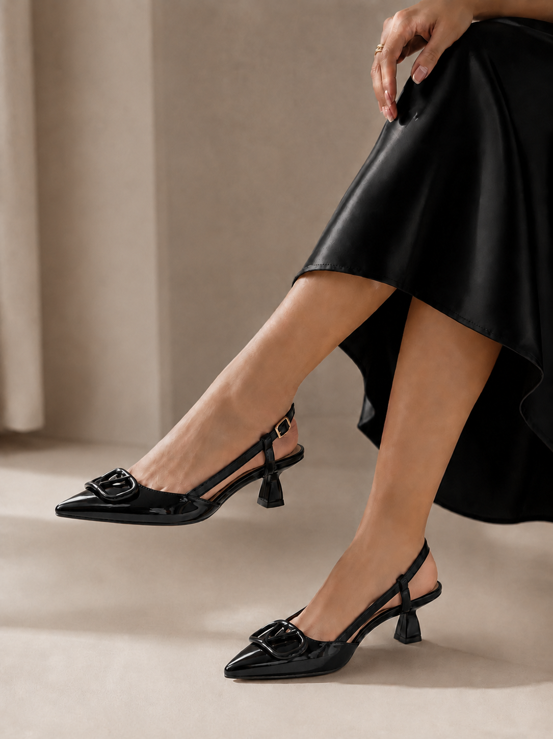 Shoes Mid Heels Leather With Buckle Elegant F-613