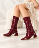 Long Boot Mid Heels Leather With Rope and Zipper LB-45