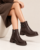 Women's Leather Ankle Boot with Thick Heel and Side Zipper G-66