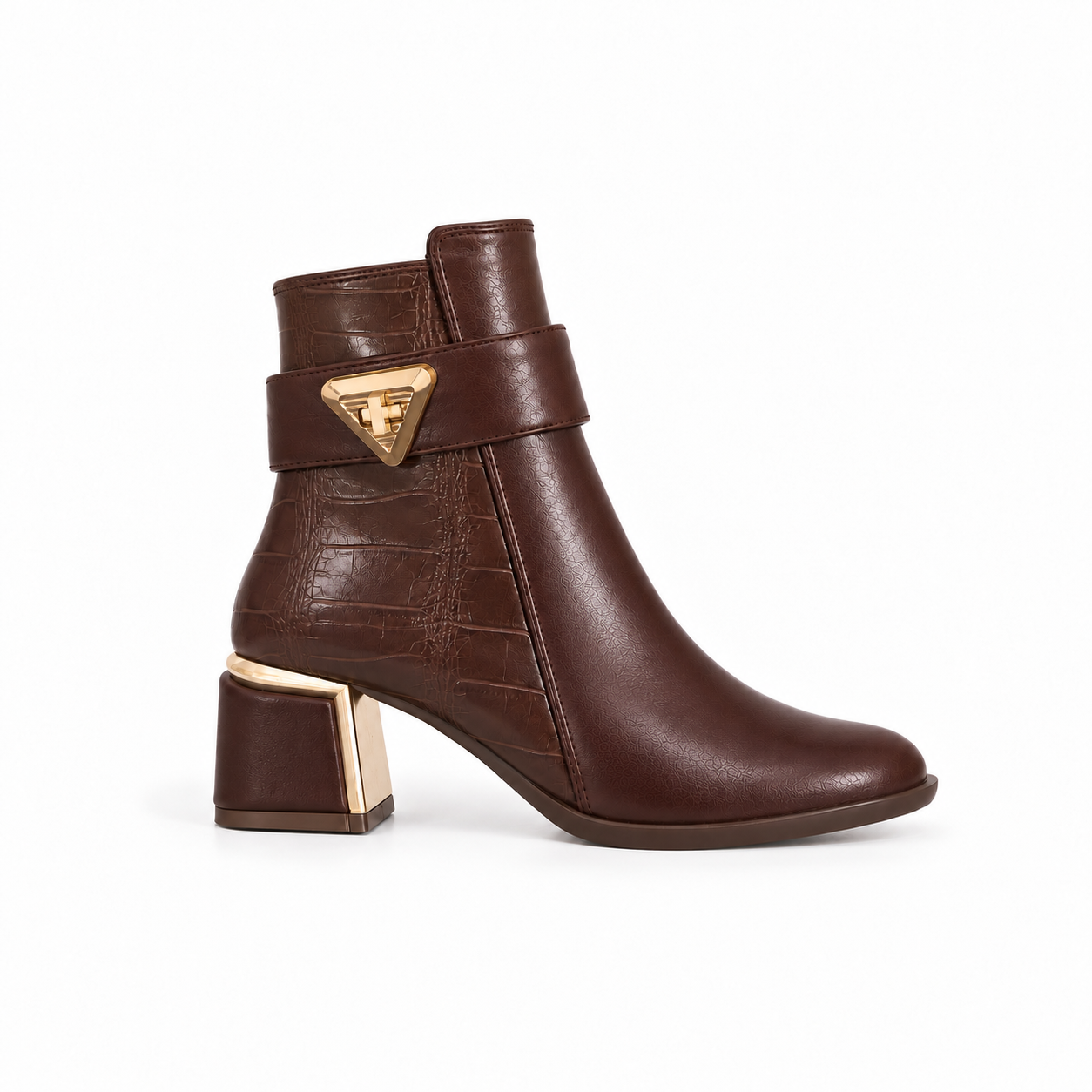 Ankle Boot For Women’s Leather Mid heel Adorned with gold details R-32
