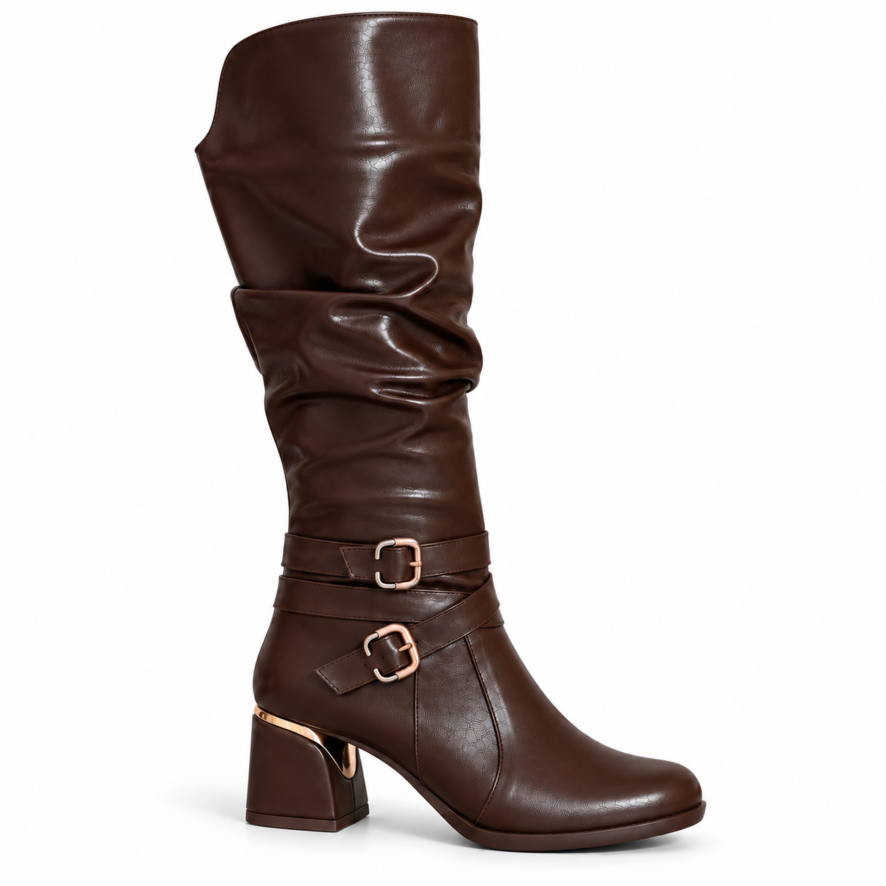 Long Boot Mid Heels Leather With Two belts buckle LB-54