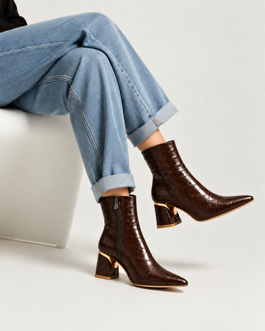 Ankle Boot Leather Crocodile Mid Heel an elegant design L-119