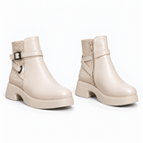 Women's Leather Ankle Boot with Thick Heel and Side Buckle Zipper G-67