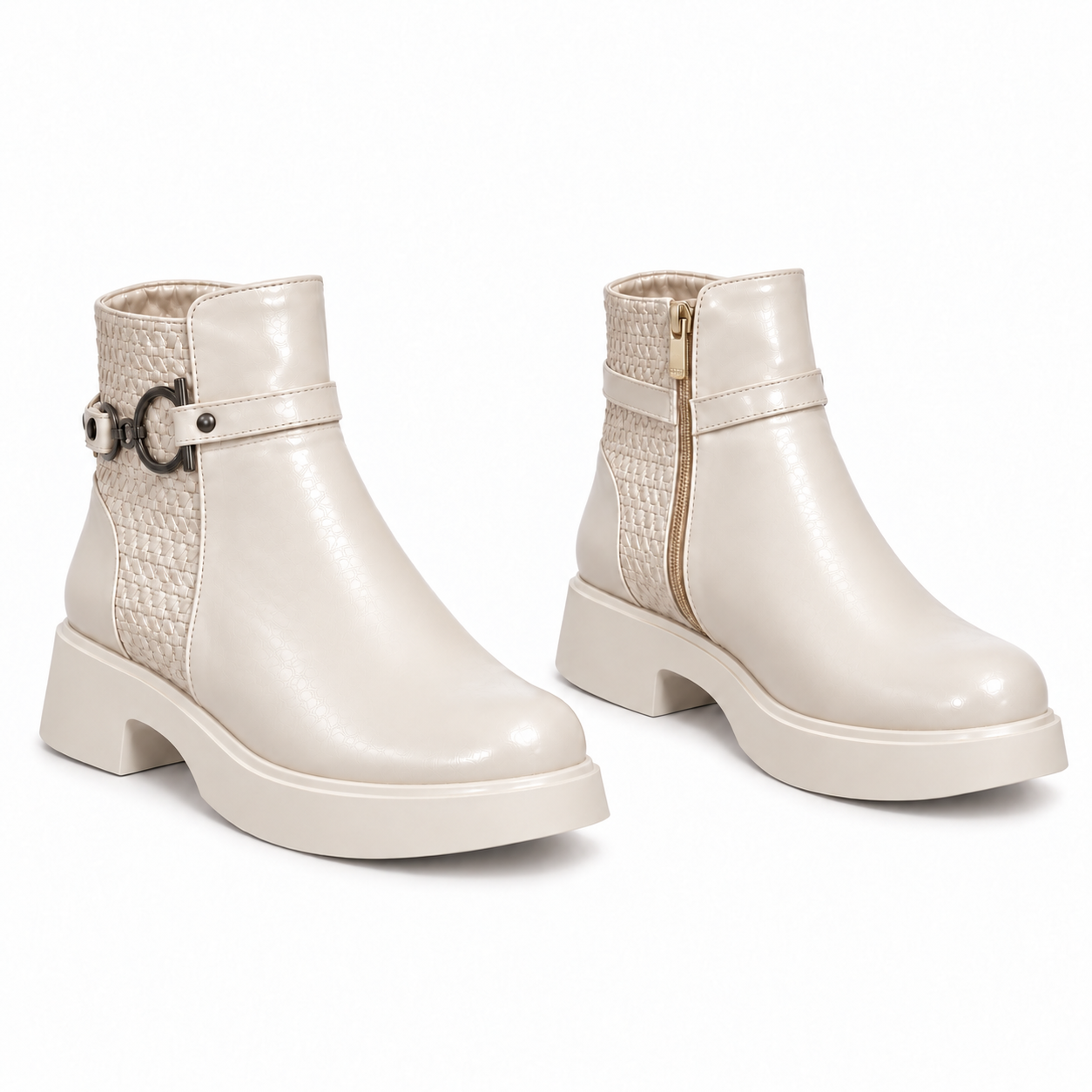 Women's Leather Ankle Boot with Thick Heel and Side Zipper G-66