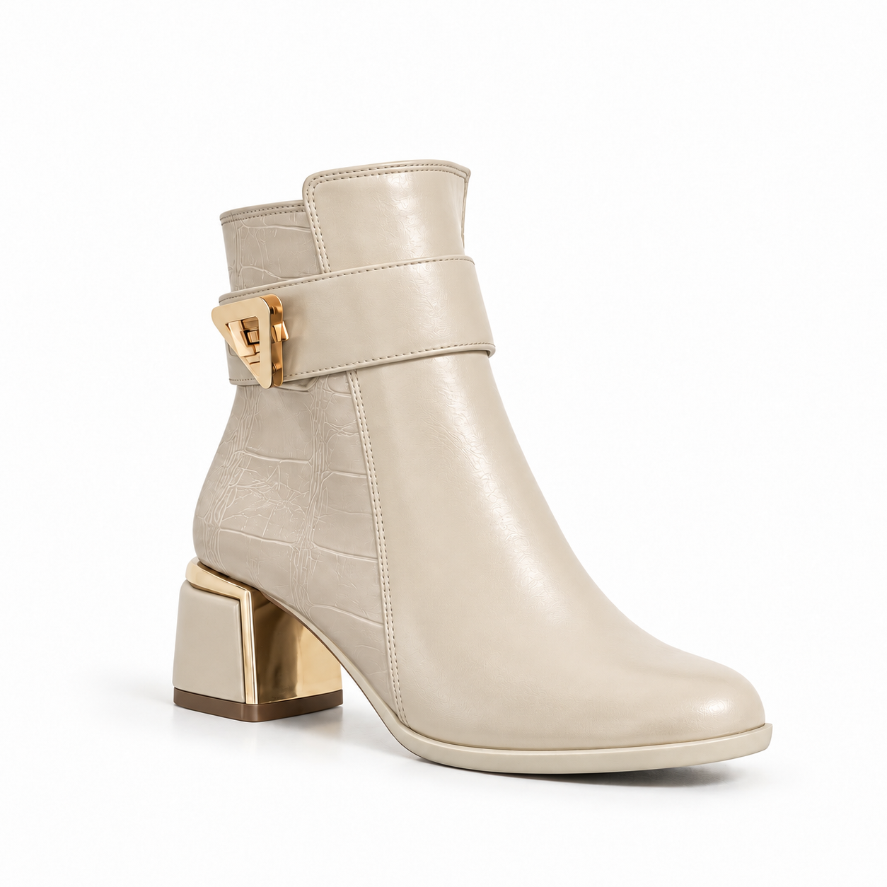 Ankle Boot For Women’s Leather Mid heel Adorned with gold details R-32