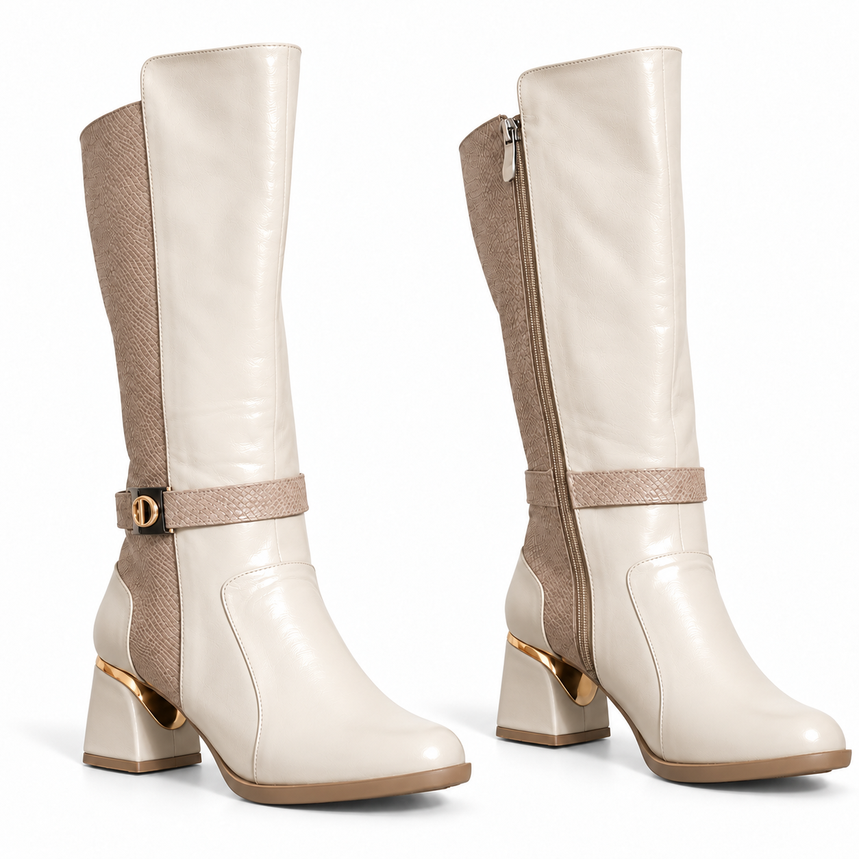 Long Boot Mid Heels And embossed leather details and a belted strap with a buckle LB-55