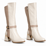 Long Boot Mid Heels And embossed leather details and a belted strap with a buckle LB-55