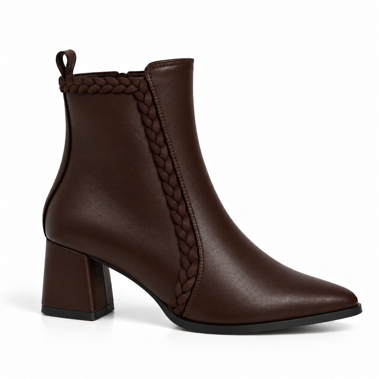 Ankle Boot Leather Mid Heel Adorned with a side fabric braid R-33