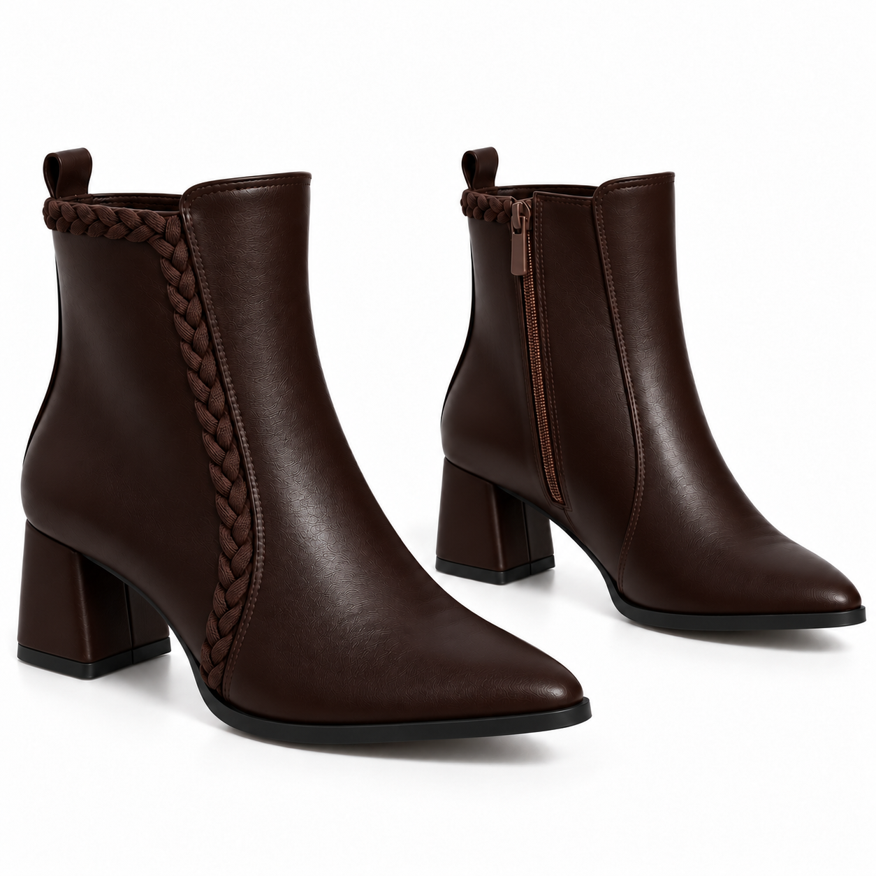 Ankle Boot Leather Mid Heel Adorned with a side fabric braid R-33