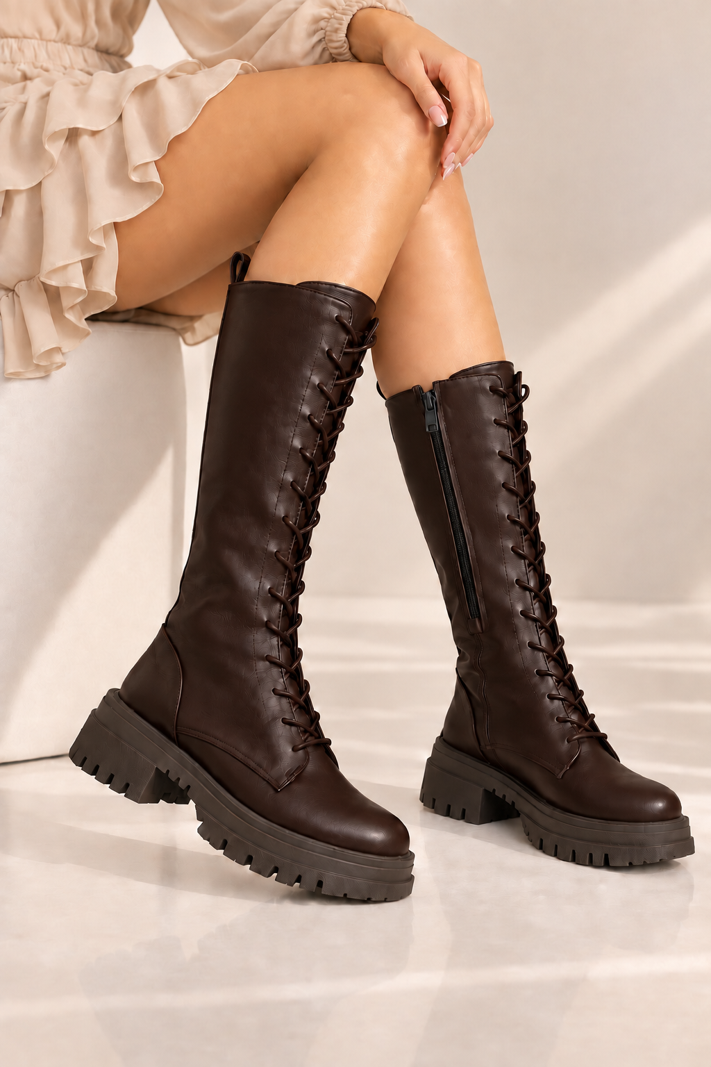 Long Boot Mid Heels Leather With zipper and laces LB-53