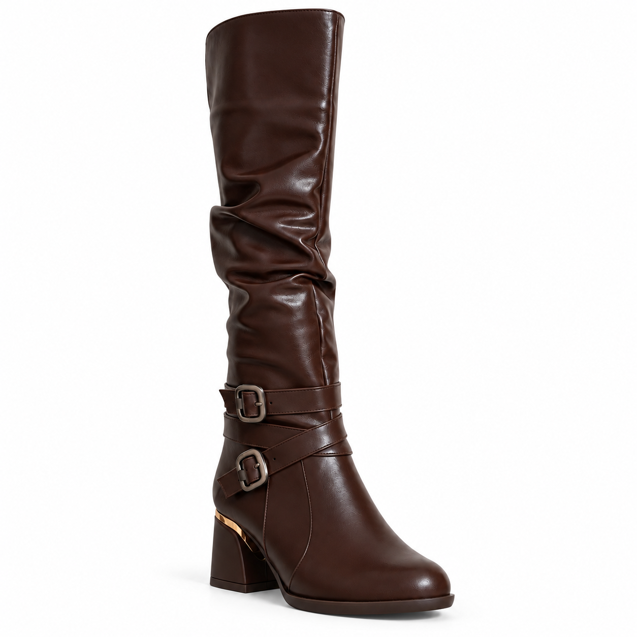 Long Boot Mid Heels Leather With Two belts buckle LB-54
