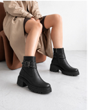 Ankle Boot Leather Mid Heel With a metal buckle and a belt adorned with studs G-69