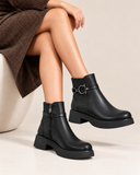 Women's Leather Ankle Boot with Thick Heel and Side Zipper G-66