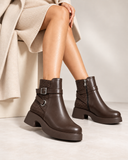Women's Leather Ankle Boot with Thick Heel and Side Buckle Zipper G-67