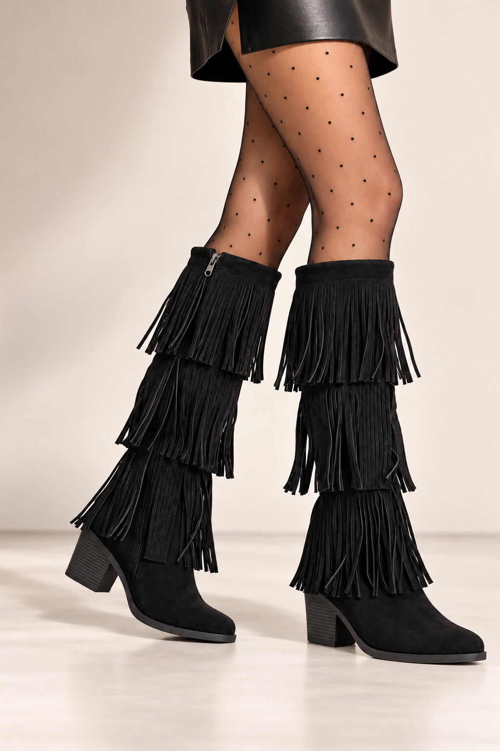 Long Boot Suede Mid heel With three layers of fringe LB-58