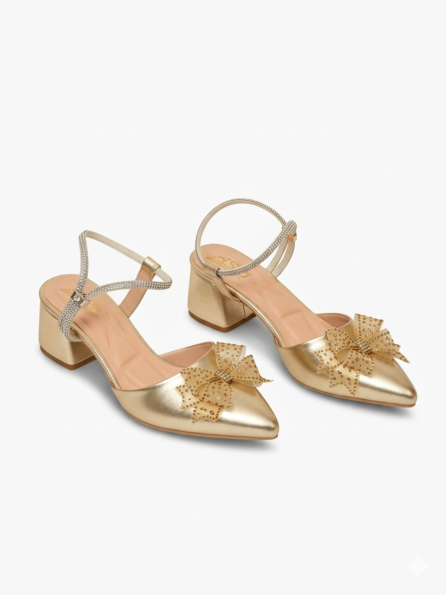 Shoes Mid Heels Leather Glossy With Bow F-618