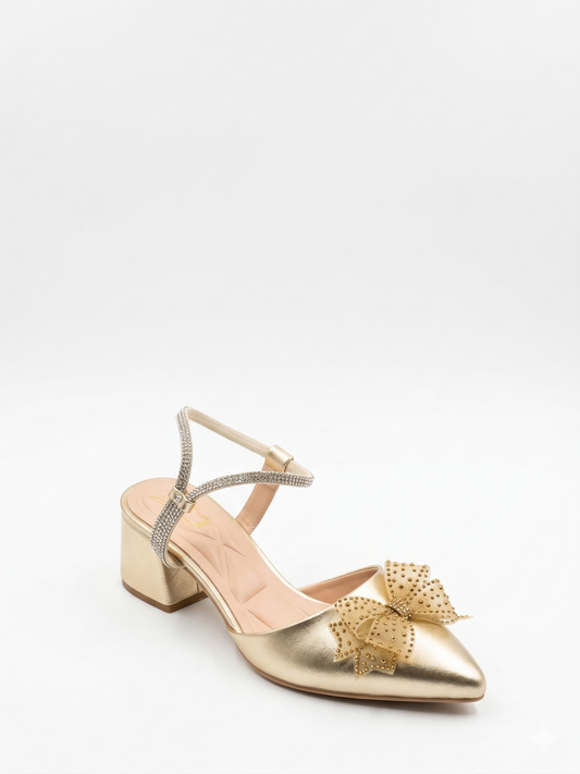 Shoes Mid Heels Leather Glossy With Bow F-618