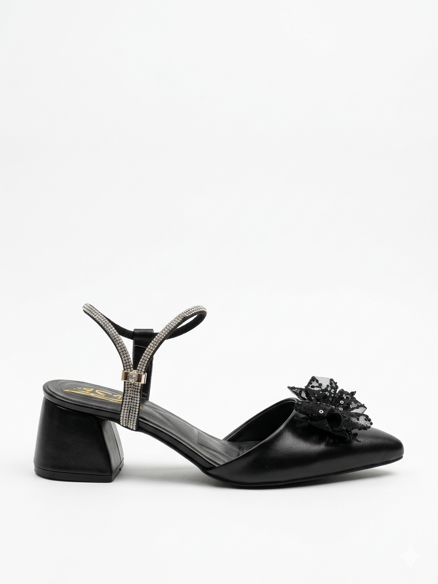 Shoes Mid Heels Leather Glossy With Bow F-618