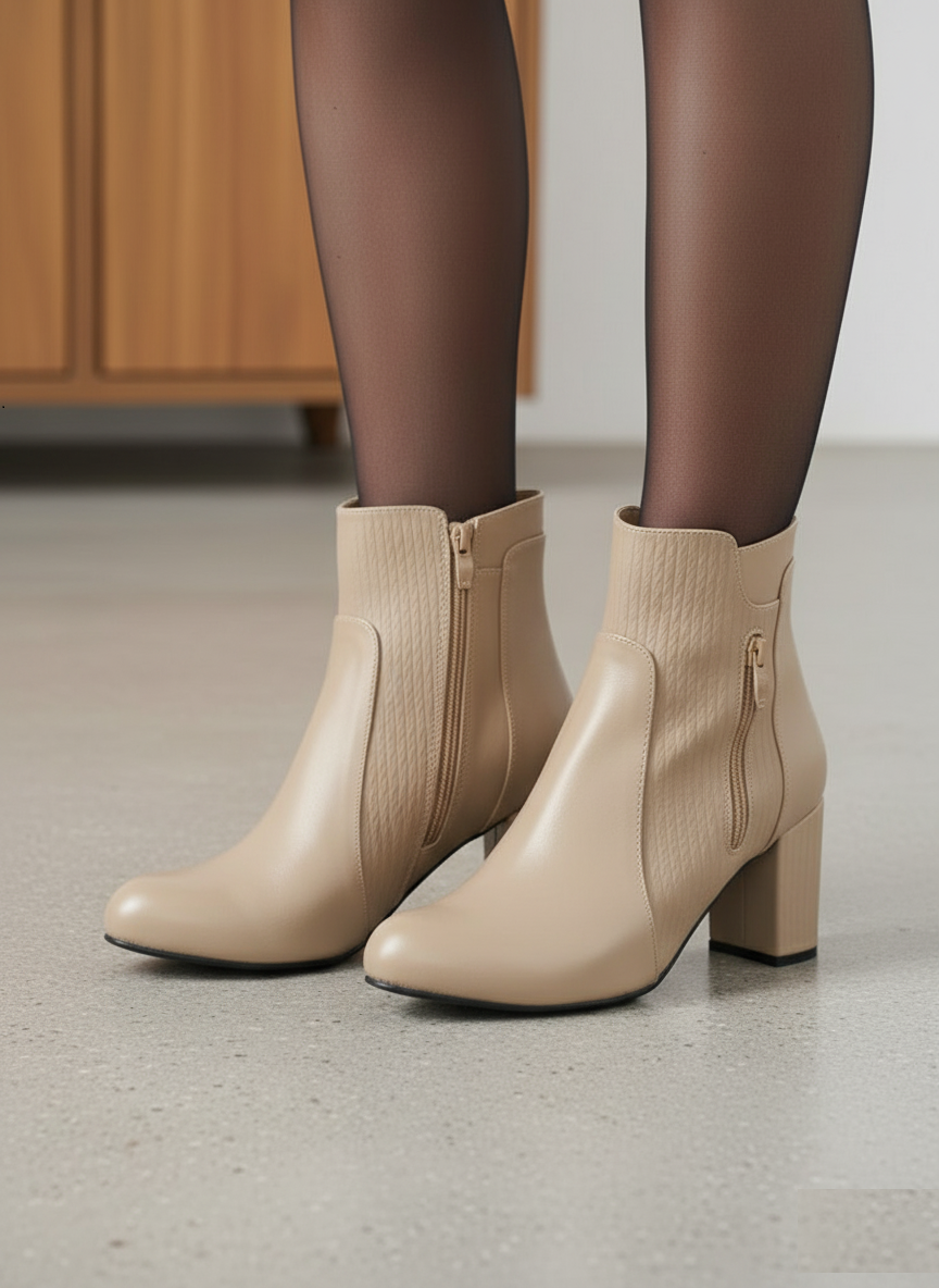 Ankle Boot Heels Leather With Zipper R-25