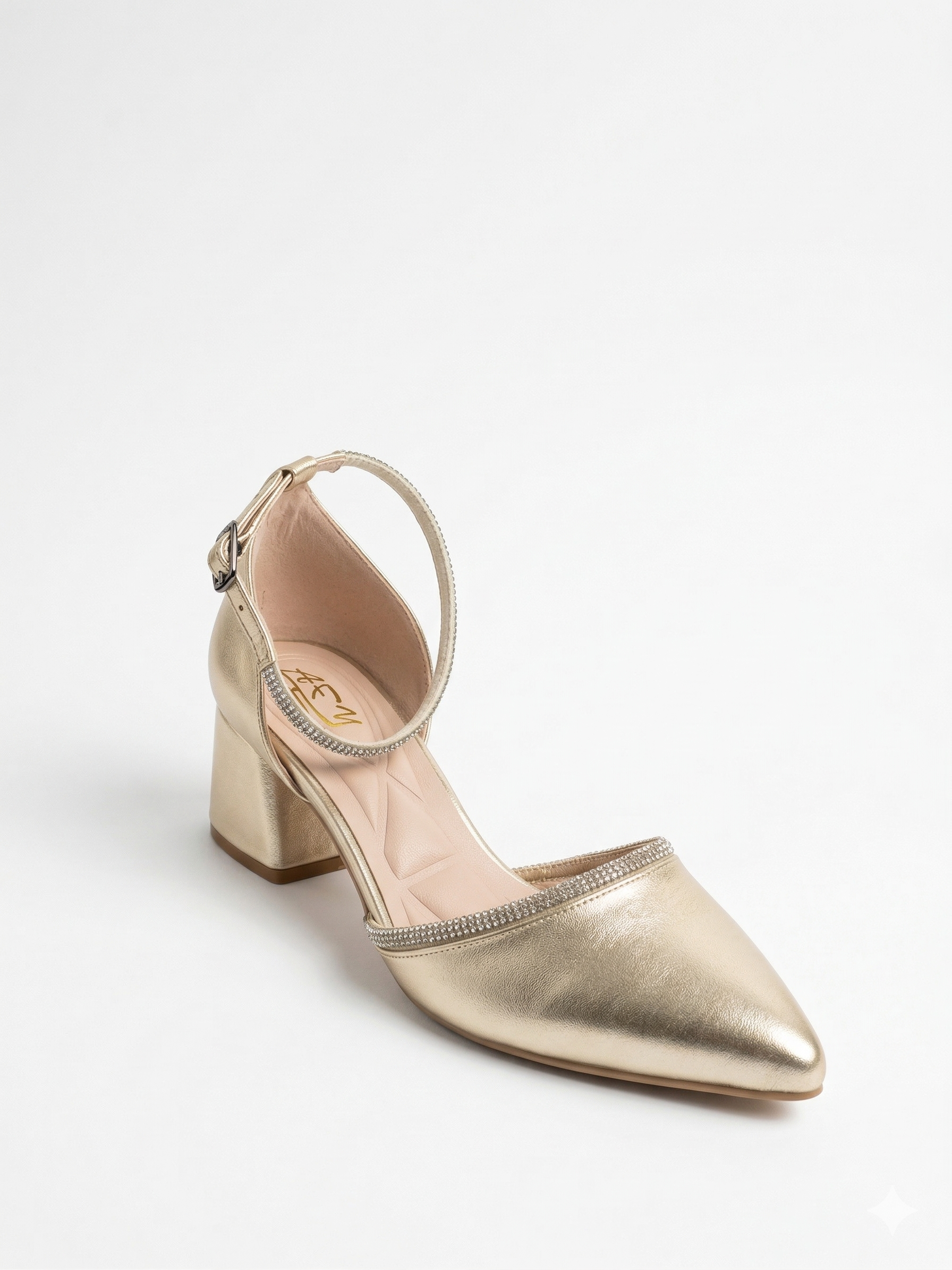 Shoes Mid Heels Leather With Diamond Strap F-617