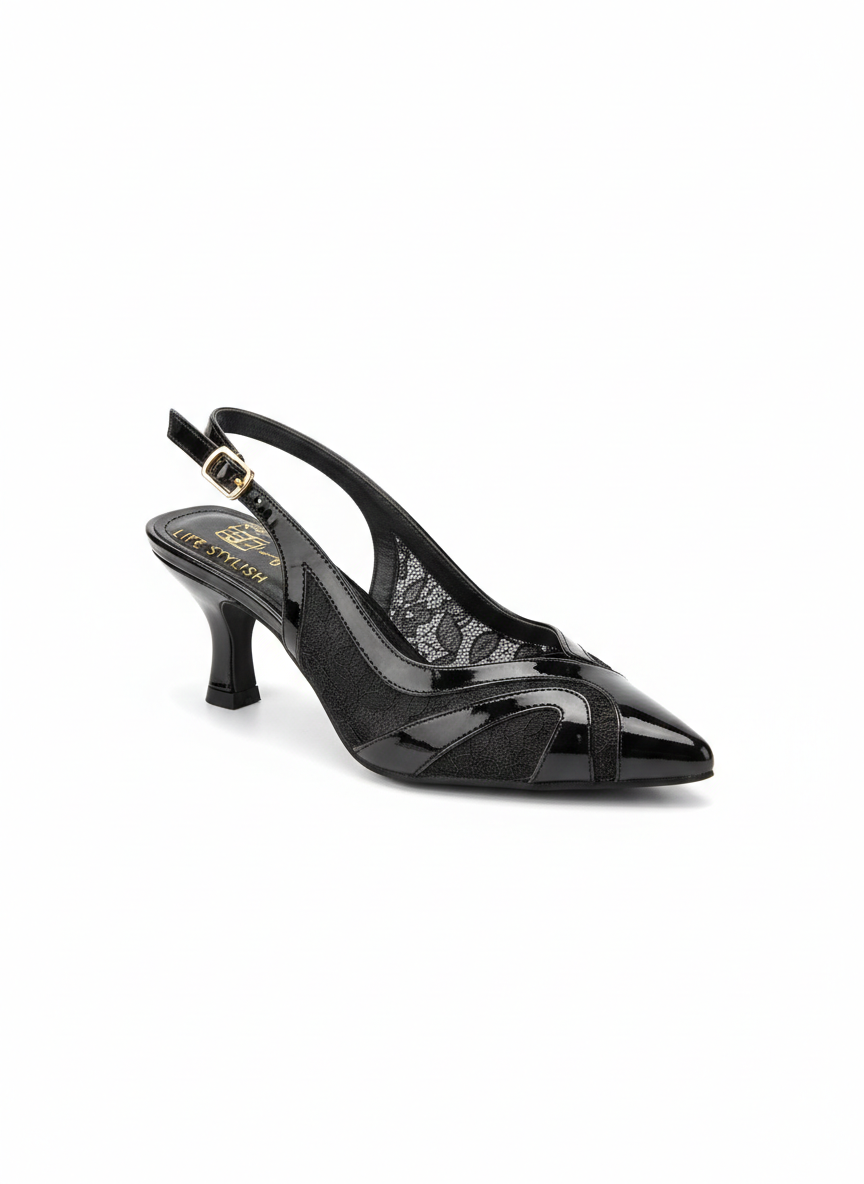Shoes Mid Heels Leather Glossy With Dantiel F-605