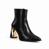 Ankle Boot Women’s Leather With Distinctive Heel and Gold Accessory L-122