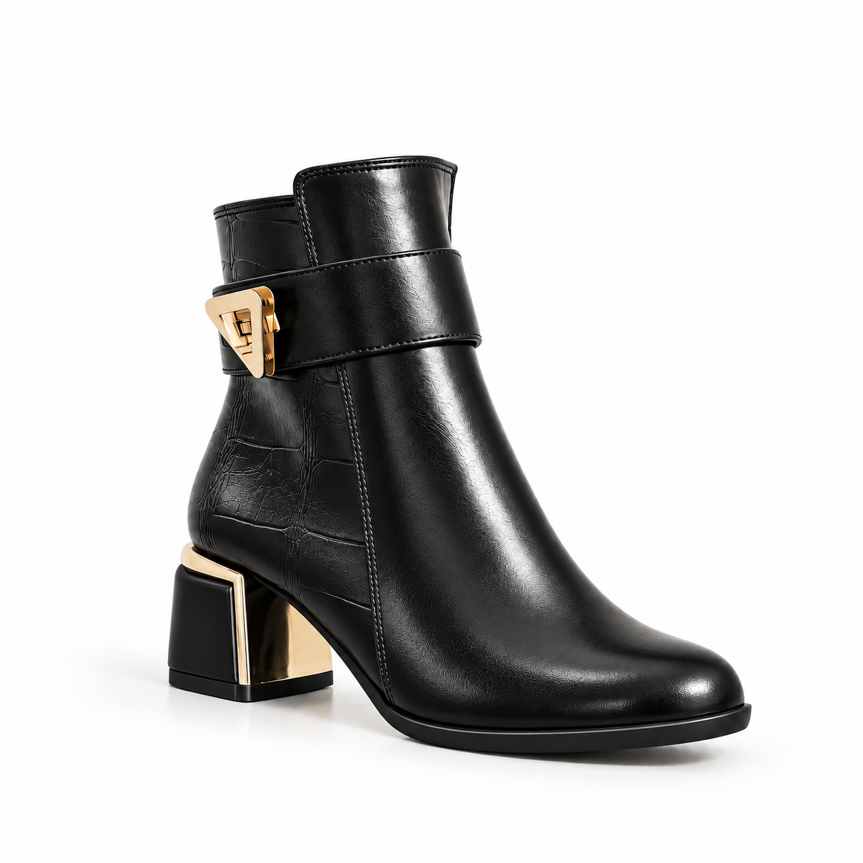 Ankle Boot For Women’s Leather Mid heel Adorned with gold details R-32