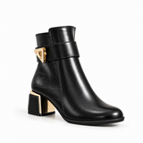 Ankle Boot For Women’s Leather Mid heel Adorned with gold details R-32