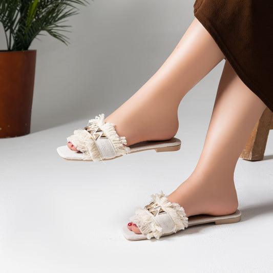 Slipper Flat Fabric With Fringes - SL-213