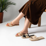 Slipper Flat Fabric With Leather Elegant - SL-215
