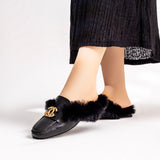 Mules Flat Leather With Fur Elegant SB-19