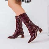 Long Boot Mid Heels Leather With Rope and Zipper LB-45