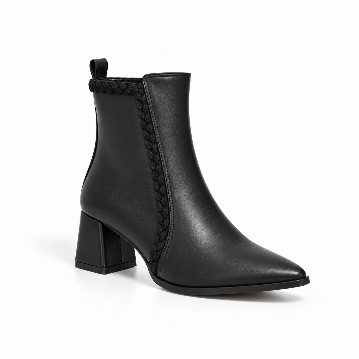 Ankle Boot Leather Mid Heel Adorned with a side fabric braid R-33