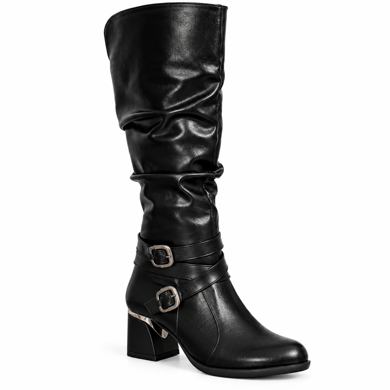 Long Boot Mid Heels Leather With Two belts buckle LB-54