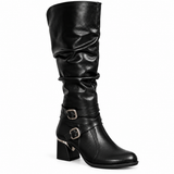 Long Boot Mid Heels Leather With Two belts buckle LB-54