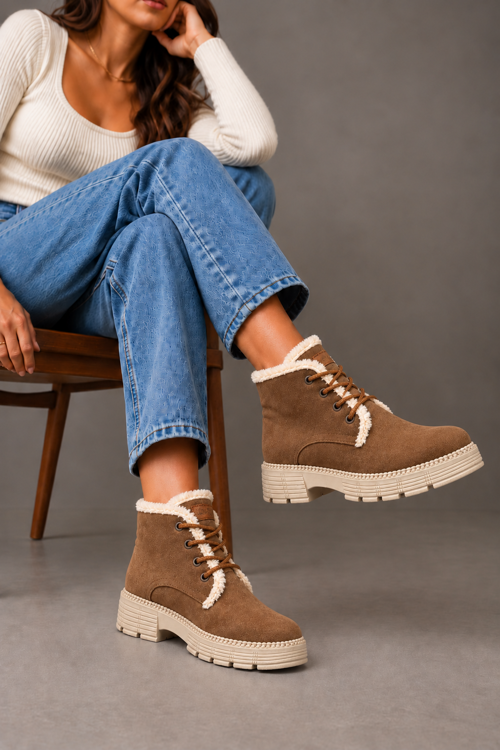 Ankle Boot Suede Mid heel winter style Fur-lined With front laces AG-4