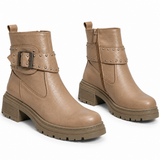 Ankle Boot Leather Mid Heel With a metal buckle and a belt adorned with studs G-69