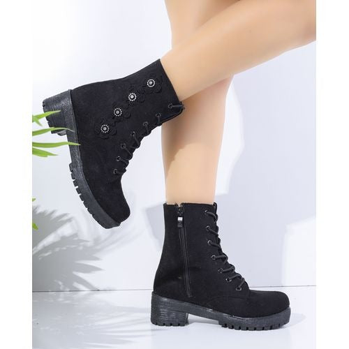 Boot Mid Heels Suede With Flower E-16