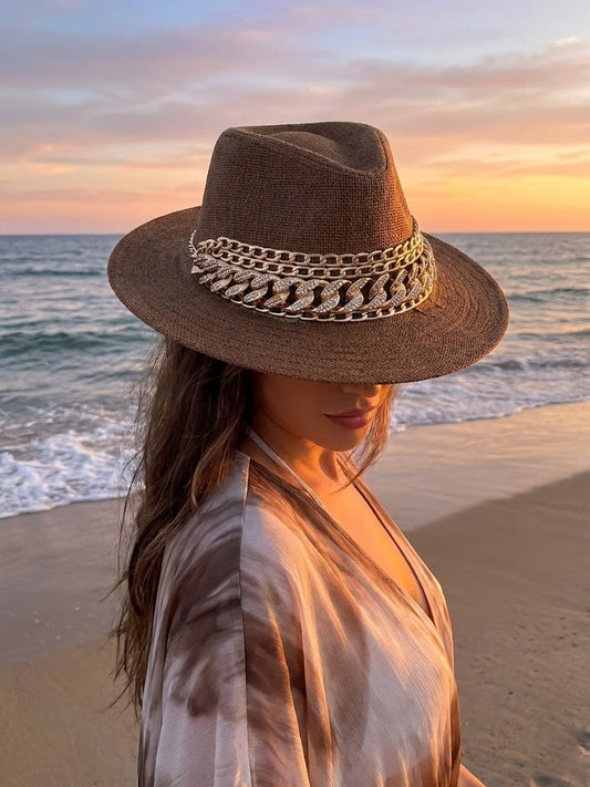 Cowboy hat burlap Decorated with gold chains Q-2