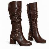 Long Boot Mid Heels Leather With Two belts buckle LB-54