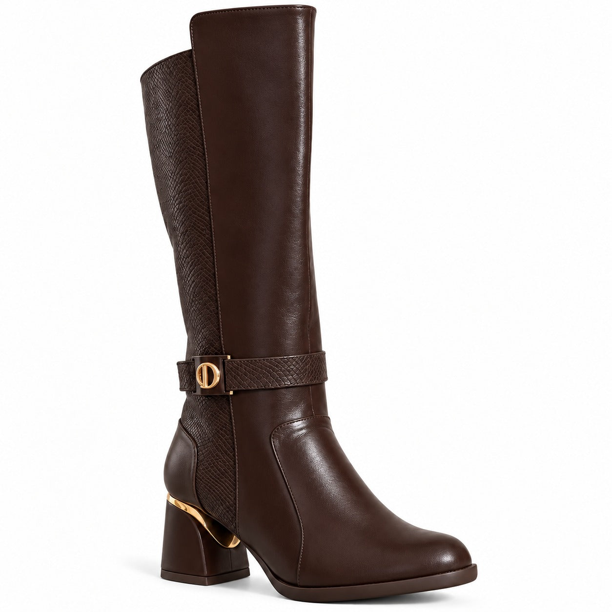 Long Boot Mid Heels And embossed leather details and a belted strap with a buckle LB-55