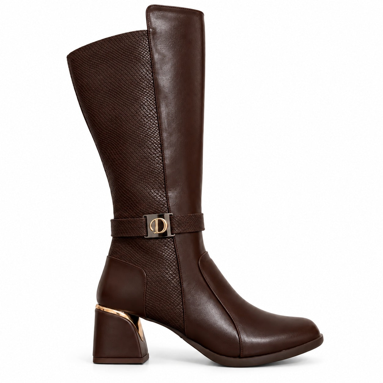 Long Boot Mid Heels And embossed leather details and a belted strap with a buckle LB-55