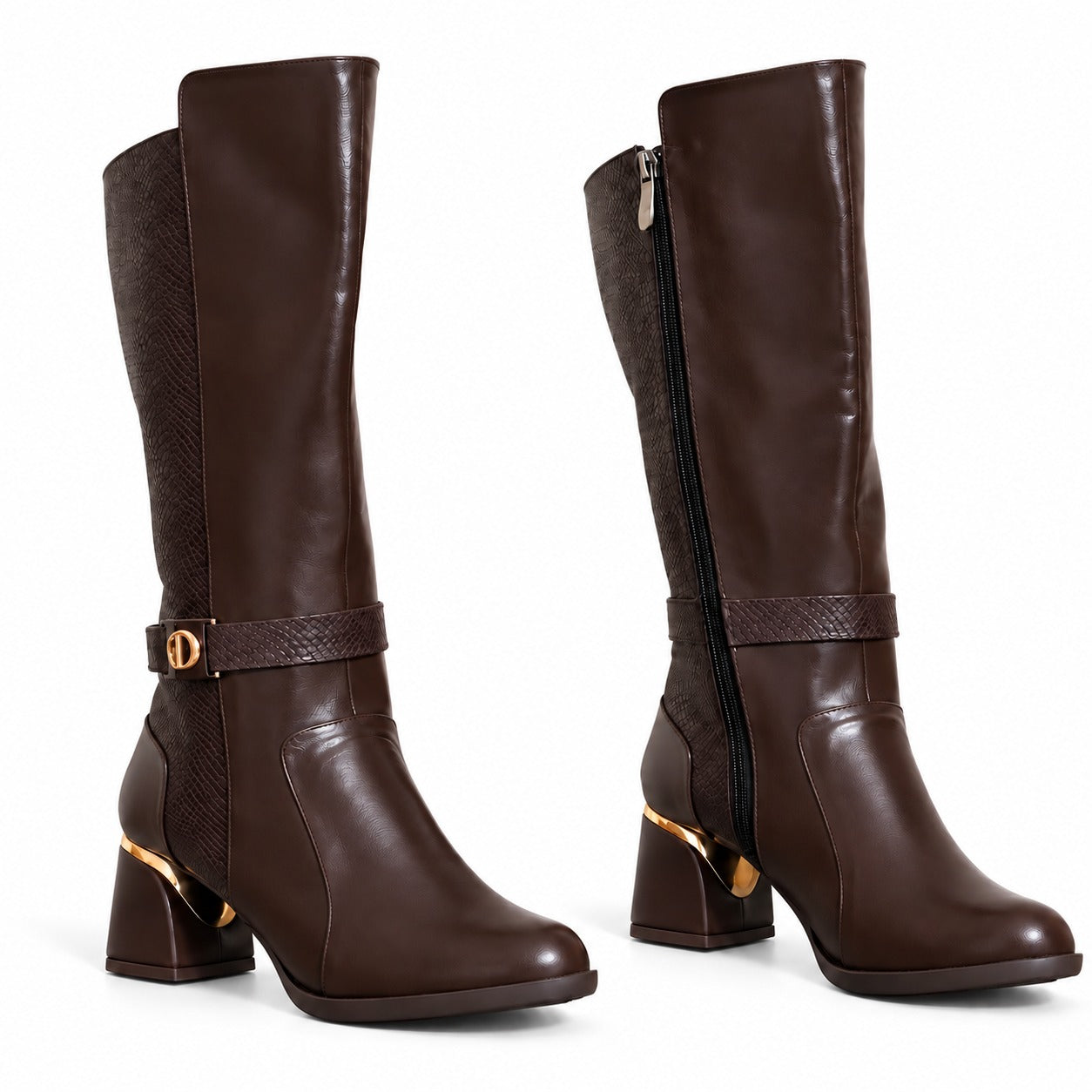 Long Boot Mid Heels And embossed leather details and a belted strap with a buckle LB-55