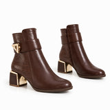 Ankle Boot For Women’s Leather Mid heel Adorned with gold details R-32