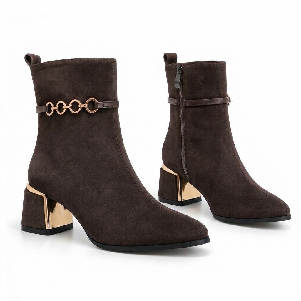 Ankle Boot Suede Mid heel winter With gold-ring accessories R-36