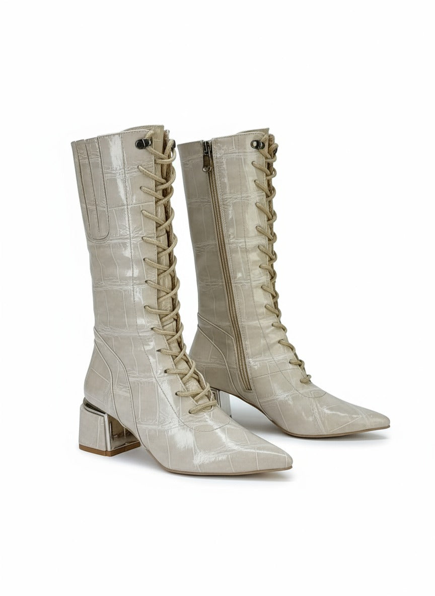 Long Boot Mid Heels Leather With Rope and Zipper LB-45