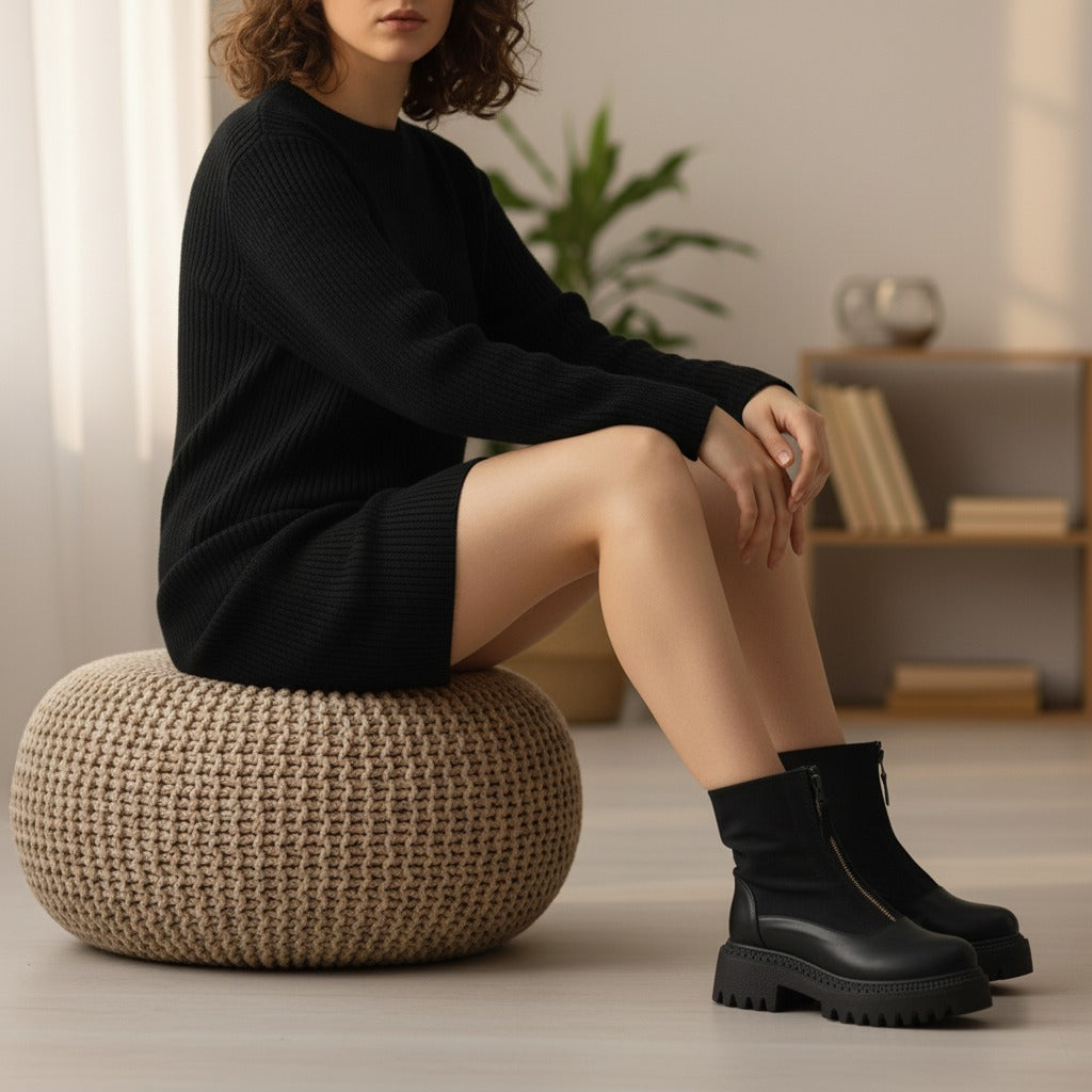 Ankle Boot Leather And Suede With Zipper Elegant E-104