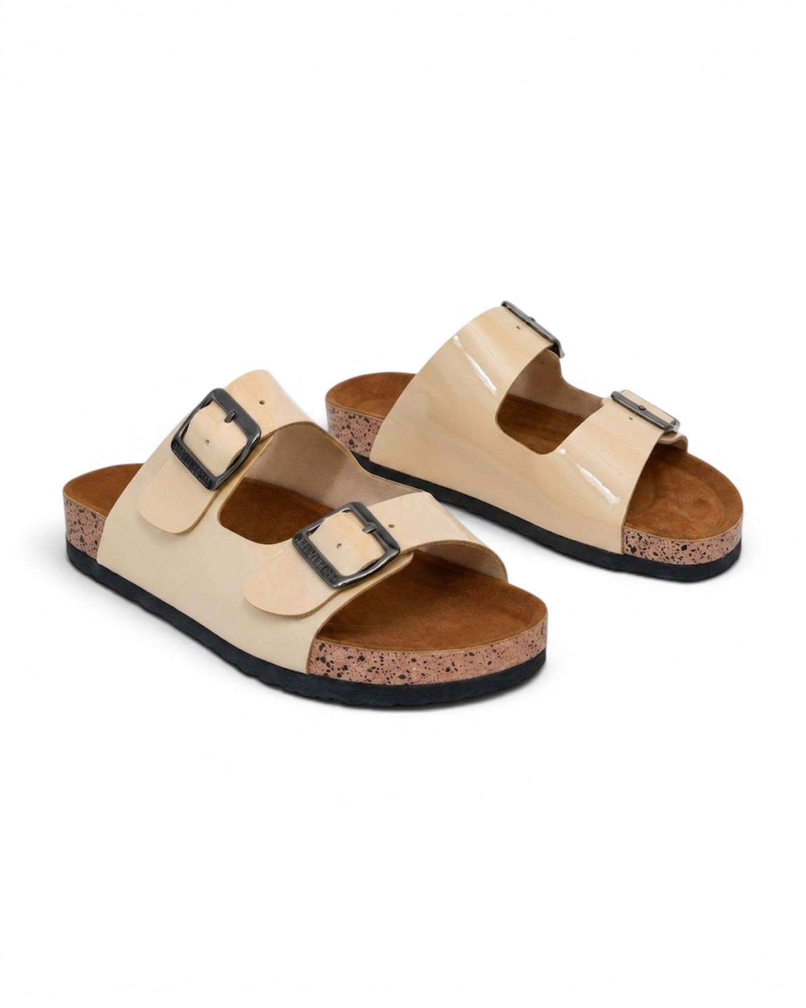 Slippers leather Glossy flat Double strap with buckles SL-232