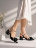 Shoes Mid Heels Leather Glossy With Bow F-618